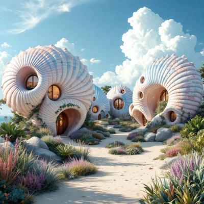 The primary subject of the image is a group of white, conical-shaped houses or structures, which are situated on a sandy beach. The setting is a beach environment, with the houses being the main focus of the scene. The visual style of the image is digital art, as it appears to be a painting or drawing of the houses on a beach. The colors and mood of the image are predominantly white and light, creating a serene and peaceful atmosphere.